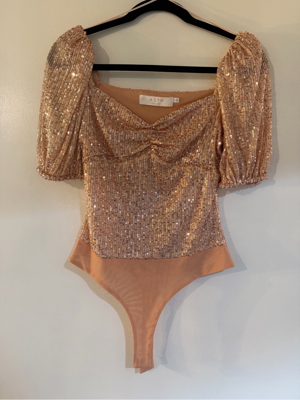 ASTR Rose Gold Sequin Puff Sleeve Bodysuit NWOT